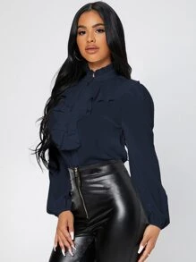 SHEIN PETITE Ruffle Trim Jabot Collar Shirt - Navy Blue - View 4