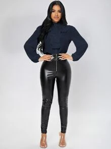 SHEIN PETITE Ruffle Trim Jabot Collar Shirt - Navy Blue - View 5