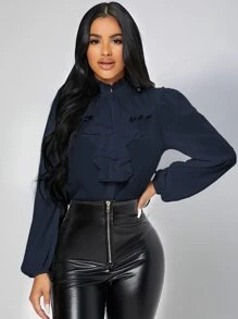 SHEIN PETITE Ruffle Trim Jabot Collar Shirt - Navy Blue - View 6