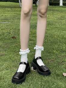 Nền tảng tối giản Giày Mary Jane, Giày lười đế dày màu đen phong cách Preppy Màu trơn cho nữ - màu đen - Xem 3