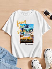 SHEIN Boys Slogan & Palm Tree Print Tee - White - View 1