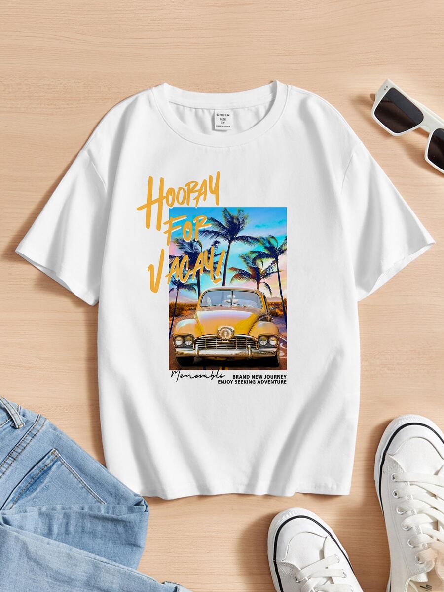 SHEIN Boys Slogan & Palm Tree Print Tee - White - View 1