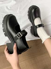 厚底瑪莉珍鞋，黑色高跟鞋女士帶扣粗跟懶人鞋瑪莉珍娃娃鞋女士厚底小皮鞋黑色鞋款工作鞋 - 黑色 - 查看 1