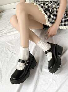 厚底瑪莉珍鞋，黑色高跟鞋女士帶扣粗跟懶人鞋瑪莉珍娃娃鞋女士厚底小皮鞋黑色鞋款工作鞋 - 黑色 - 查看 4