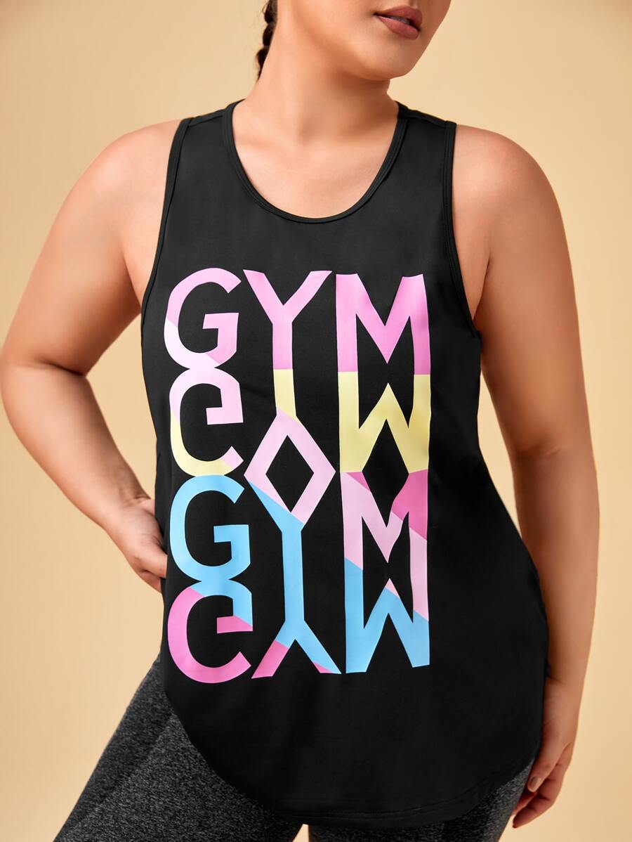 Yoga Basic Plus Letter Graphic Sports Tank Top - Black - View 1