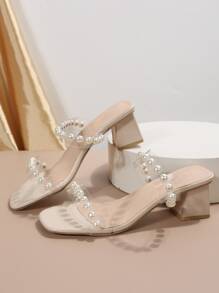 Women Faux Pearl Decor Mule Sandals, PVC Chunky Heeled Fashion Sandals Beige Valentines,Spring Summer Outfits - Beige - View 1