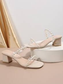Women Faux Pearl Decor Mule Sandals, PVC Chunky Heeled Fashion Sandals Beige Valentines,Spring Summer Outfits - Beige - View 3