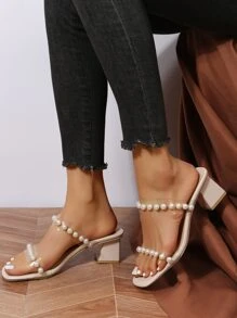 Women Faux Pearl Decor Mule Sandals, PVC Chunky Heeled Fashion Sandals Beige Valentines,Spring Summer Outfits - Beige - View 5