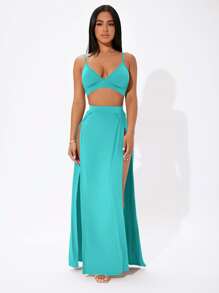 SHEIN PETITE Solid Cami Crop Top & Split Thigh Skirt Set