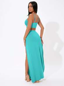 SHEIN PETITE Solid Cami Crop Top & Split Thigh Skirt Set