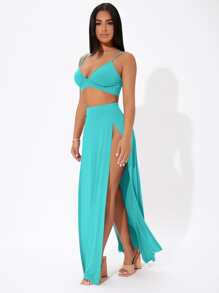 SHEIN PETITE Solid Cami Crop Top & Split Thigh Skirt Set