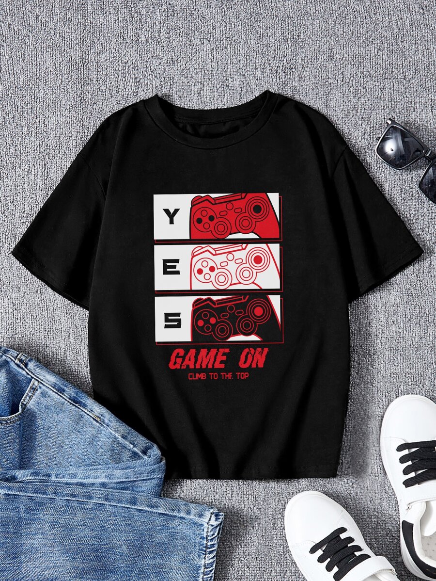 SHEIN 男孩遊戲手柄和標語圖案落肩T恤