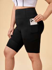 Plus Solid Sports Shorts With Phone Pocket - Black - View 1
