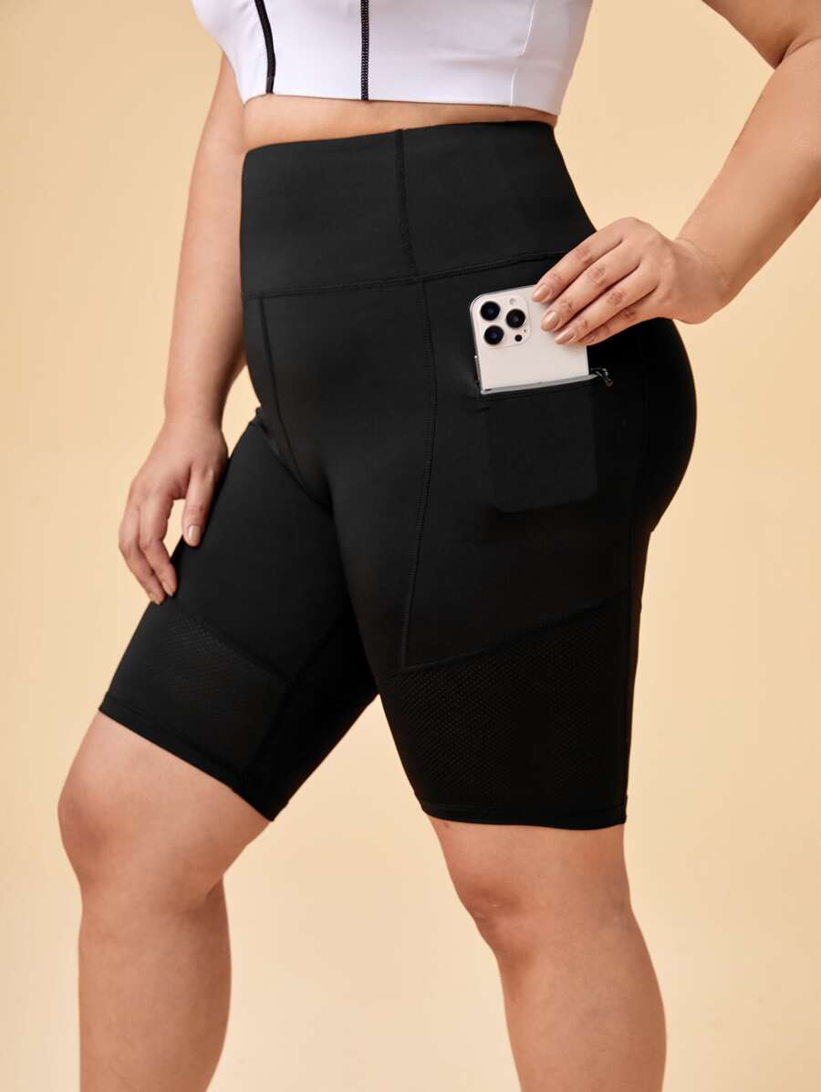 Plus Solid Sports Shorts With Phone Pocket - Black - View 1
