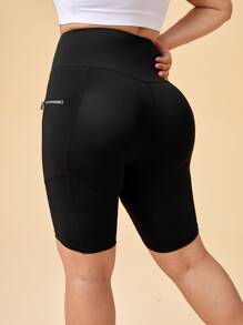 Plus Solid Sports Shorts With Phone Pocket - Black - View 2