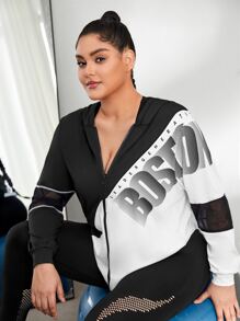 Plus Letter Graphic Contrast Mesh Hooded Sports Top - Black and White - View 1