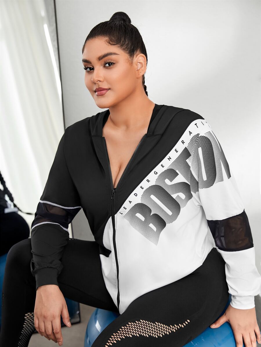 Plus Letter Graphic Contrast Mesh Hooded Sports Top - Black and White - View 1