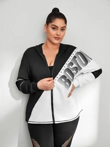 Plus Letter Graphic Contrast Mesh Hooded Sports Top - Black and White - View 5