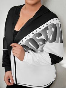 Plus Letter Graphic Contrast Mesh Hooded Sports Top - Black and White - View 6