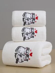 1pc Cartoon Cat Embroidered Bath Towel Or 1pc Towel - White - View 1