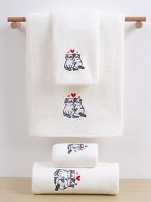 1pc Cartoon Cat Embroidered Bath Towel Or 1pc Towel - White - View 3