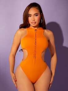 SHEIN SXY Neon Orange Cut Out Bodysuit - Orange - View 4