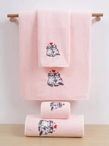 1pc Coral Velvet Embroidered Heart Love Cartoon Cat Design Bath/Hand Towel, Couple Party & Valentine Gift Home Bathroom Decor Back To School For Beauty Salon Home Bathroom