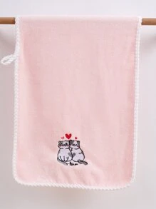 1pc Coral Velvet Embroidered Heart Love Cartoon Cat Design Bath/Hand Towel, Couple Party & Valentine Gift Home Bathroom Decor Back To School For Beauty Salon Home Bathroom