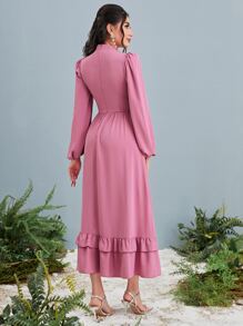 Modelyn Vestido con diamante de imitación ribete con fruncido de manga farol - Rosa vieja - Ver 2