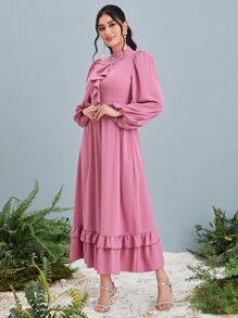 Modelyn Vestido con diamante de imitación ribete con fruncido de manga farol - Rosa vieja - Ver 3