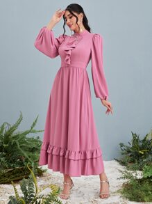 Modelyn Vestido con diamante de imitación ribete con fruncido de manga farol - Rosa vieja - Ver 4