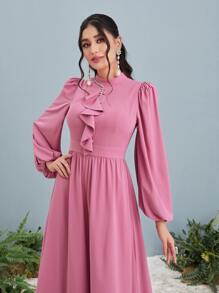 Modelyn Vestido con diamante de imitación ribete con fruncido de manga farol - Rosa vieja - Ver 5