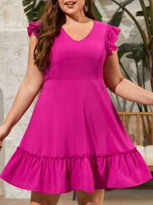 SHEIN VCAY Vestido de manga mariposa bajo con fruncido - Rosa Fucsia - Ver 1