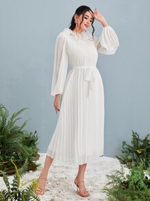 Modelyn Floral Applique Lantern Sleeve Pleated Belted Dress - White - View 5