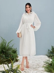 Modelyn Floral Applique Lantern Sleeve Pleated Belted Dress - White - View 6