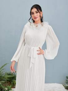 Modelyn Floral Applique Lantern Sleeve Pleated Belted Dress - White - View 3