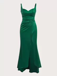SHEIN Belle Váy phù dâu hở lưng xẻ đùi nhún bèo, váy dự tiệc cưới trang trọng thanh lịch, váy dự tiệc tốt nghiệp, váy dự tiệc tối - màu xanh lá - Xem 6