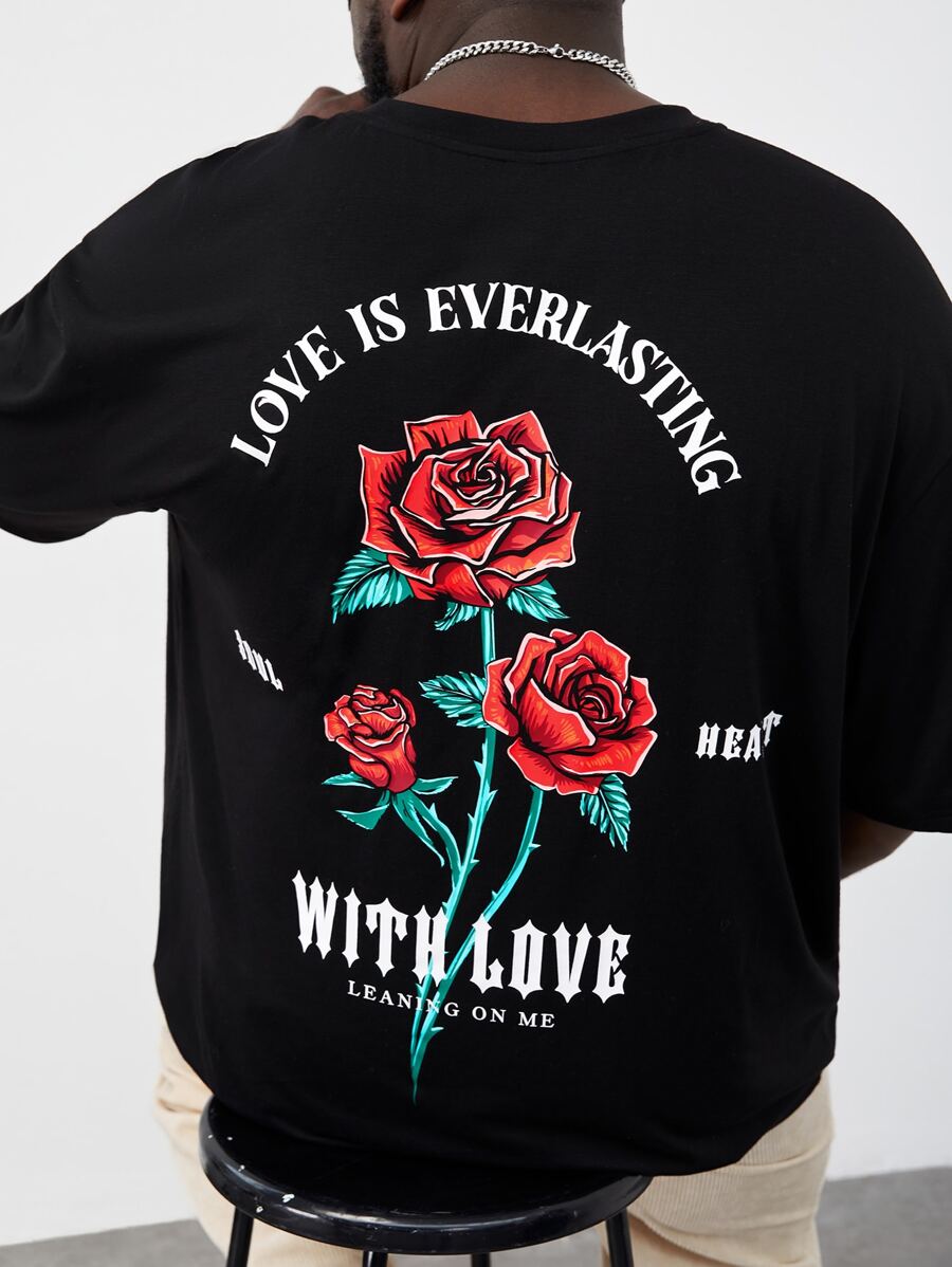 EASEVO Men Plus Slogan & Floral Print Tee - Black - View 1