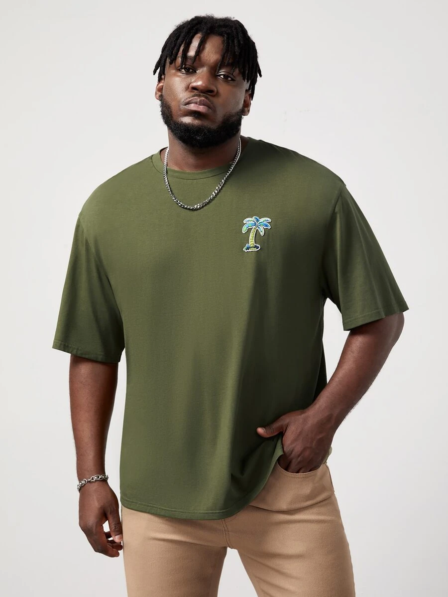 Manfinity Hombres Camiseta de hombros caídos tropical con parche - Verde militar - Ver 1