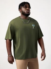 Manfinity Hombres Camiseta de hombros caídos tropical con parche - Verde militar - Ver 3