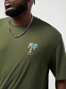 Manfinity Hombres Camiseta de hombros caídos tropical con parche - Verde militar - Ver 5