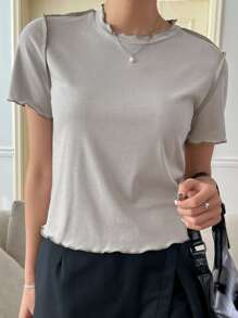 DAZY Top-stitching Lettuce Trim Tee - Grey - View 4