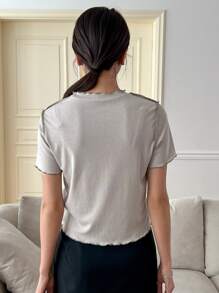 DAZY Top-stitching Lettuce Trim Tee - Grey - View 6