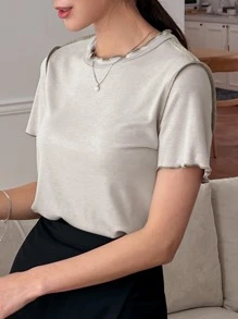 DAZY Top-stitching Lettuce Trim Tee - Grey - View 7