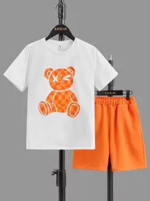 SHEIN Leap Crew Tween Boy Bear Print Tee & Shorts