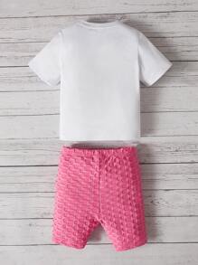 SHEIN 嬰兒熊和字母圖案T恤和短褲 - 粉色 - 查看 2