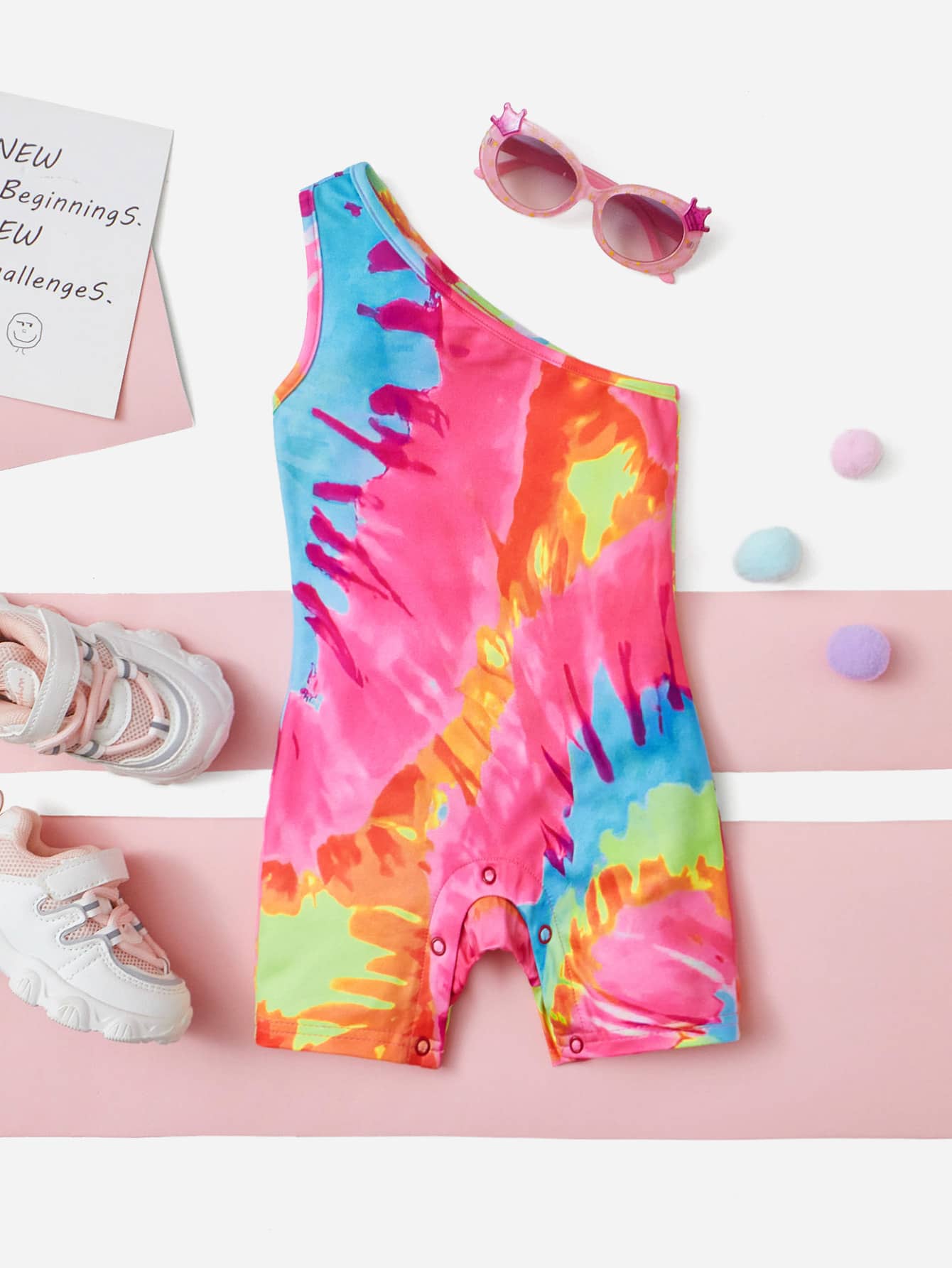 SHEIN 嬰兒紮染單肩連身短褲 - 彩色 - 查看 1