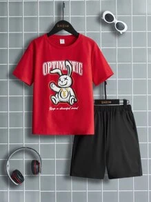 SHEIN Boys Letter & Cartoon Graphic Tee & Shorts - Multicolor - View 1