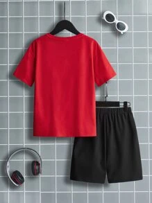 SHEIN Boys Letter & Cartoon Graphic Tee & Shorts - Multicolor - View 2
