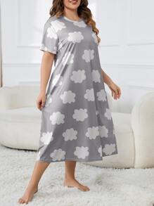 Plus Size Women's Cloud Print Midi Sleep Shirt Casual Round Neck Nightgown For Comfortable Sleep - Multicolor - View 4